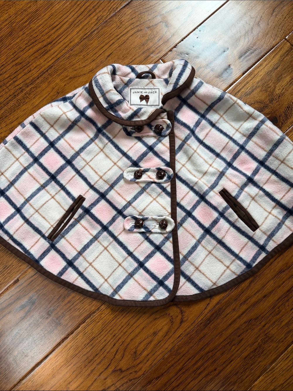 Janie and Jack Pink Plaid Cape with Brown Trim